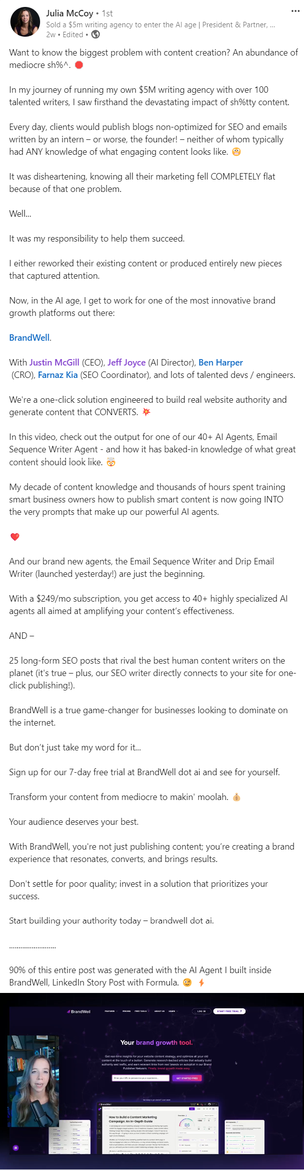 LinkedIn post written by BrandWell